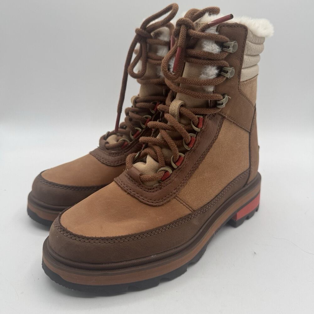 NEW SOREL Lennox Leather/Faux Fur Trim Lace-Up Boot US 6/37 Velvet Tan/Warp Red